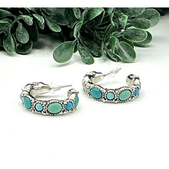 Silver-Tone Hoop  with Turquoise beaded Earrings by Chaps - Picture 1 of 5